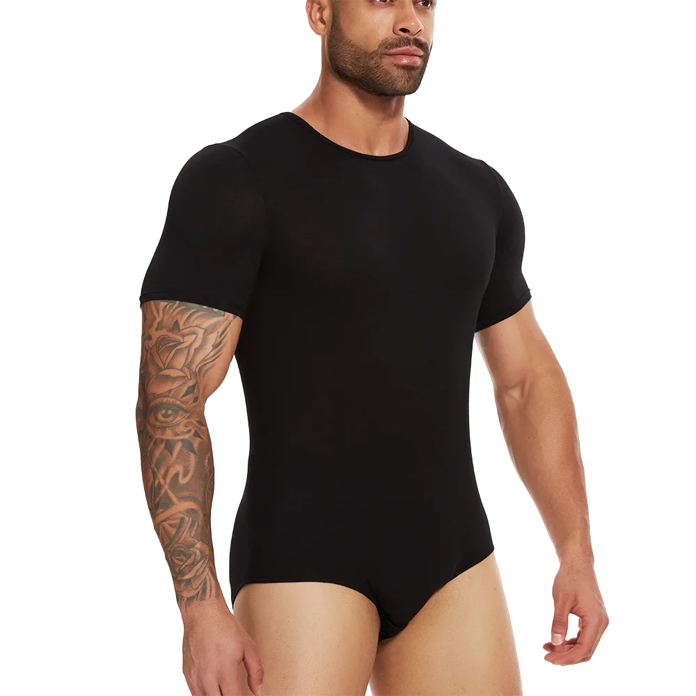 Men’s Short Sleeve Full-Body Shaper Bodysuit – Tummy Control Romper Pajamas, Waist Trainer Slimming Shapewear Undershirt