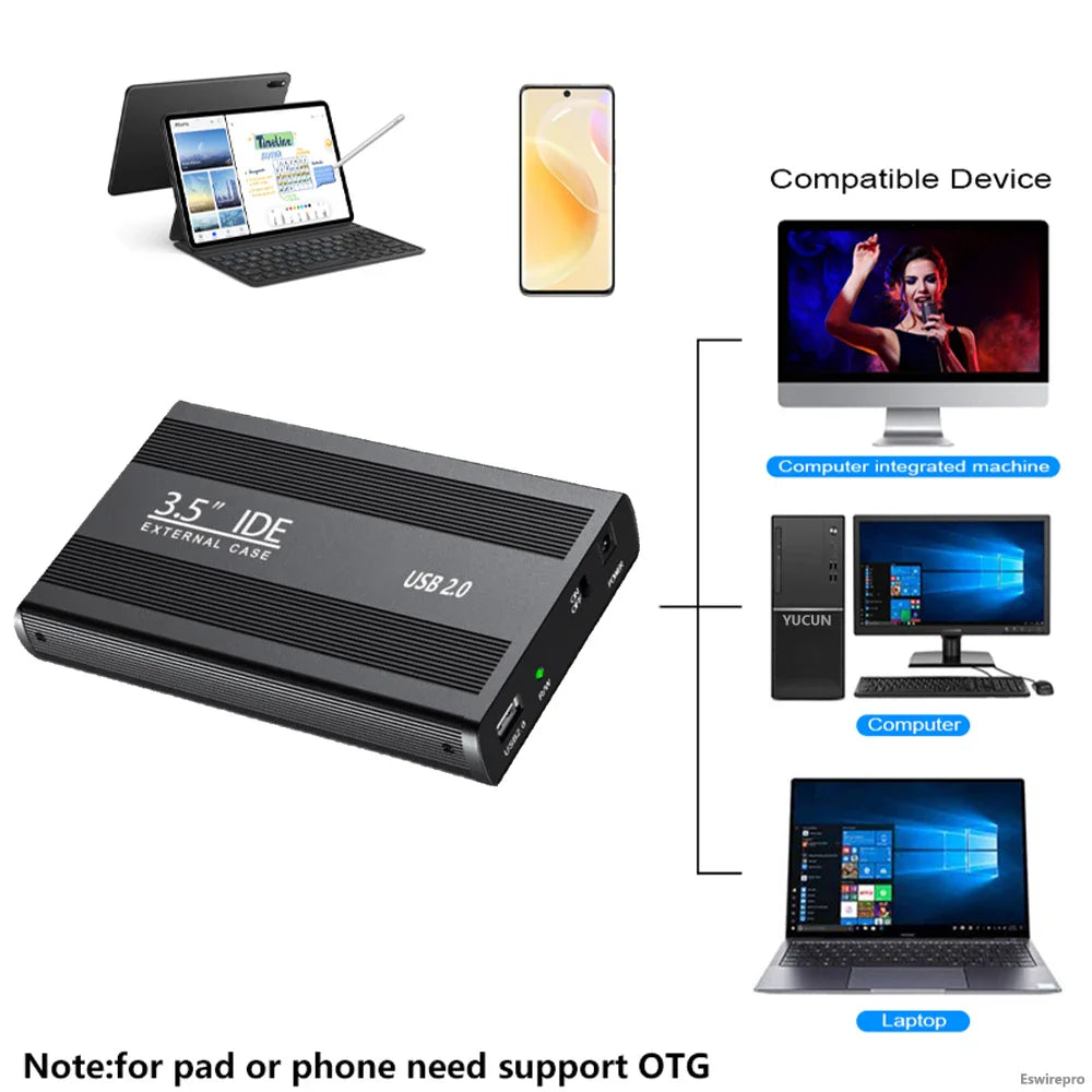 2.5"/3.5" IDE HDD External Enclosure — USB 2.0 Hard Drive Box for Desktop, PC, Laptop & Phone