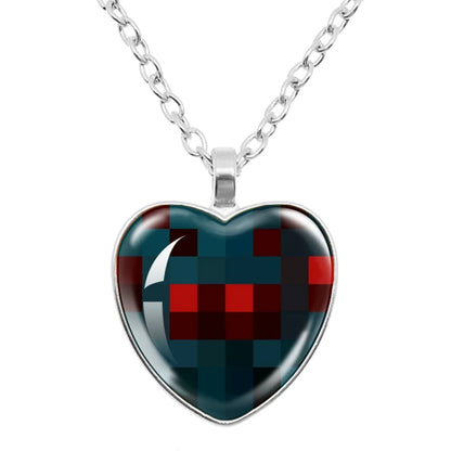 Funny Pixel Block Cartoon Pendant Necklace – 25mm Glass Heart-Shaped Charm, My World Theme Jewelry Gift