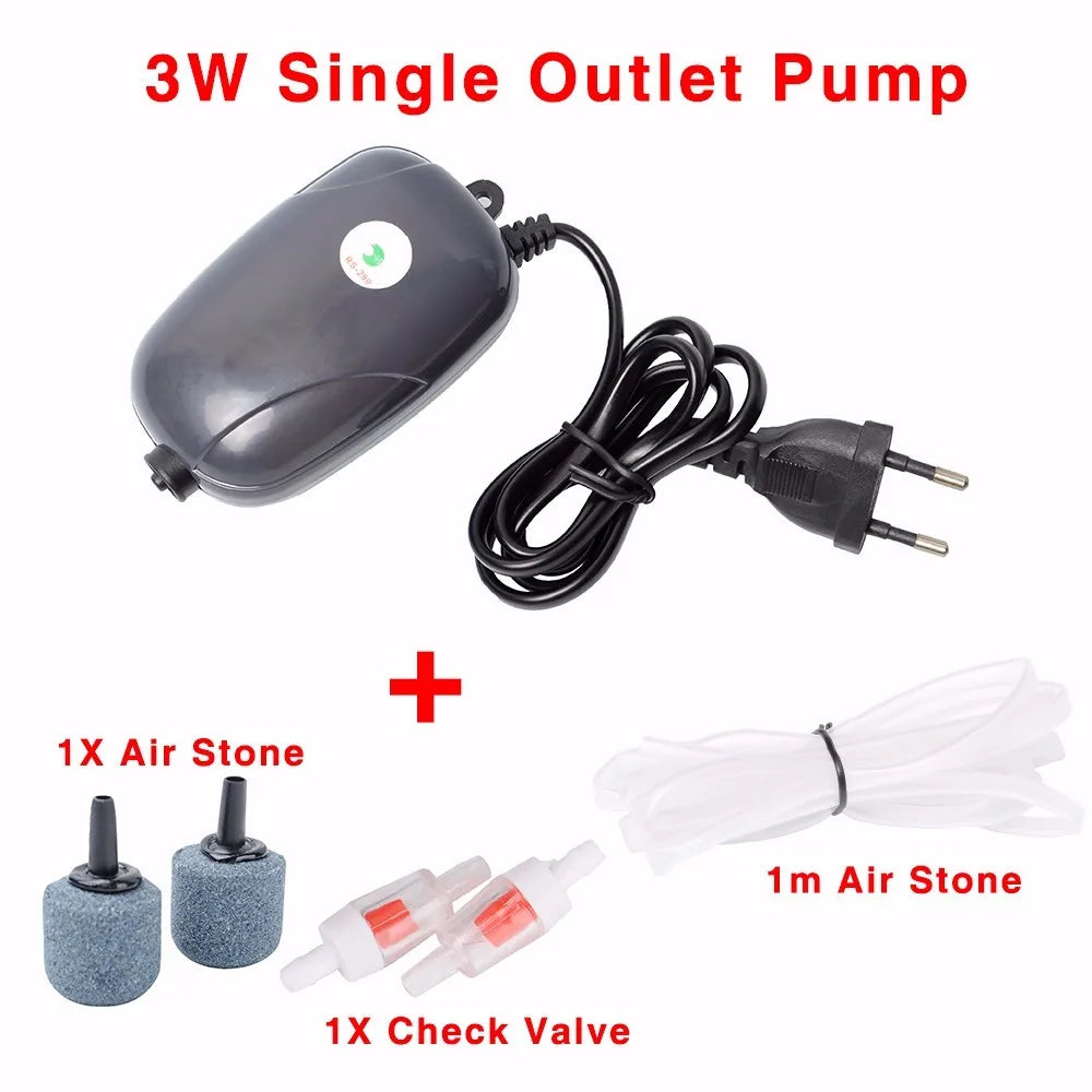 Mini Aquarium Air Pump - Single/Double Outlet Compressor with Check Valve Tube for Fish Tanks - 220V 3W/5W