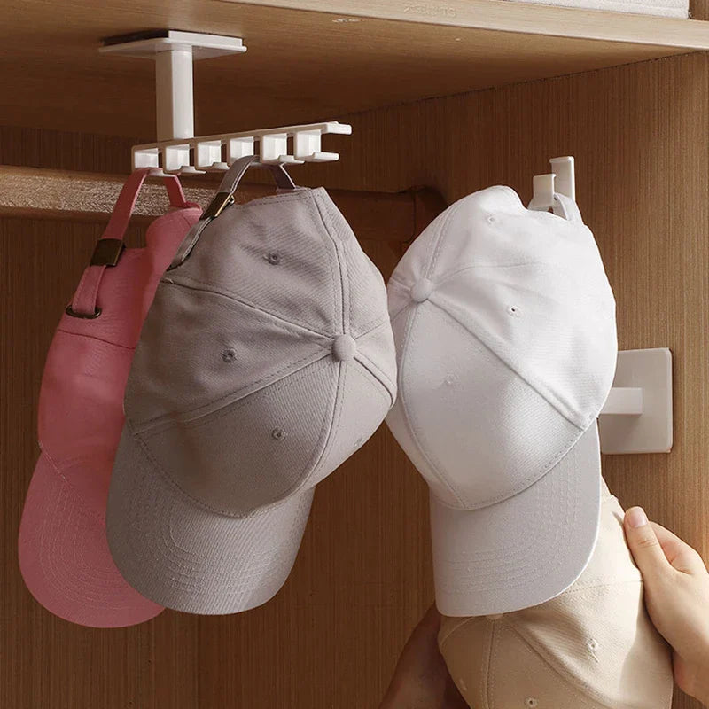 Houseeker 6-Hook Hat Holder — L-Shaped Wall Mount Rack for Baseball Caps & Belts