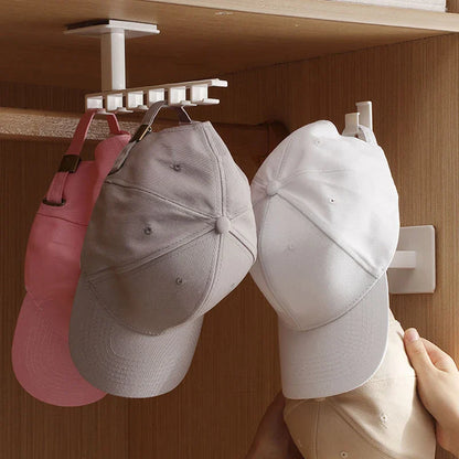 Houseeker 6-Hook Hat Holder — L-Shaped Wall Mount Rack for Baseball Caps & Belts