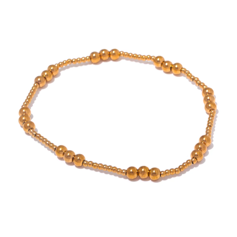 Yhpup Stainless Steel Beaded Elastic Bracelet – Waterproof Gold Tone Handmade Bangle, 3–6mm Unisex Daily Jewelry Wholesale Wristwear