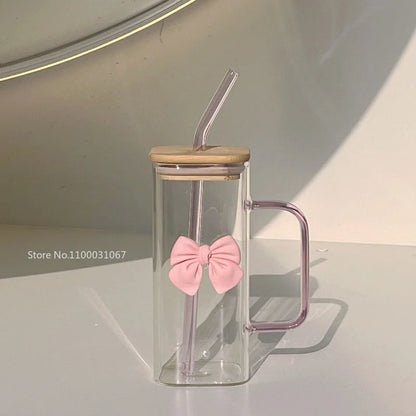 350ML Square Mug with Lid and Straw – Household Cup for Milk and Coffee, Pink Handle Gift for Women