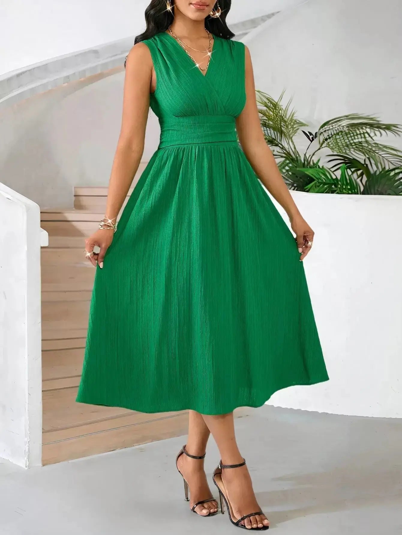 Women’s Long Sleeve Wave Pleated Dress - Elegant Summer Holiday Gathered Party Dress