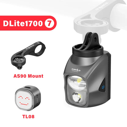 TOWILD DL1700 LED Bicycle Light – 1900LM Rechargeable Front Light with Focus & Flood Beam, Power Bank Function