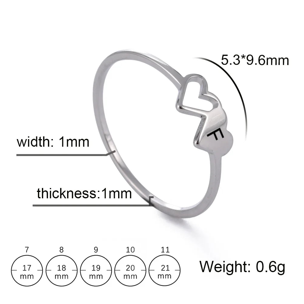 HIPEE Stainless Steel Letter Ring - A-Z Alphabet Double Heart Hollow Charm Ring for Women Wedding Jewelry Gift