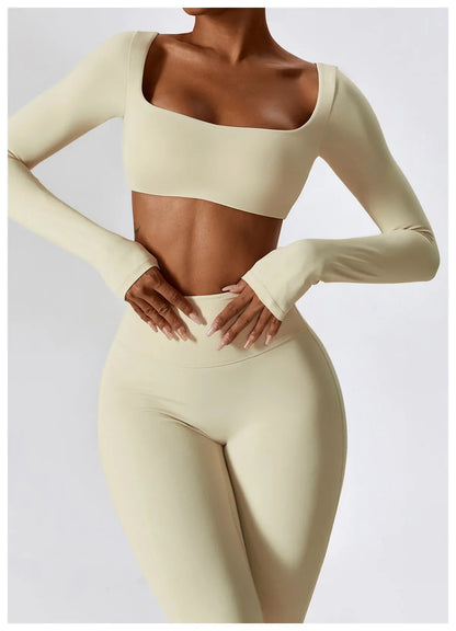 2PCS Seamless Women’s Yoga Set – Long Sleeve Crop Top & Leggings Workout Outfit, Athletic Gym Sportswear