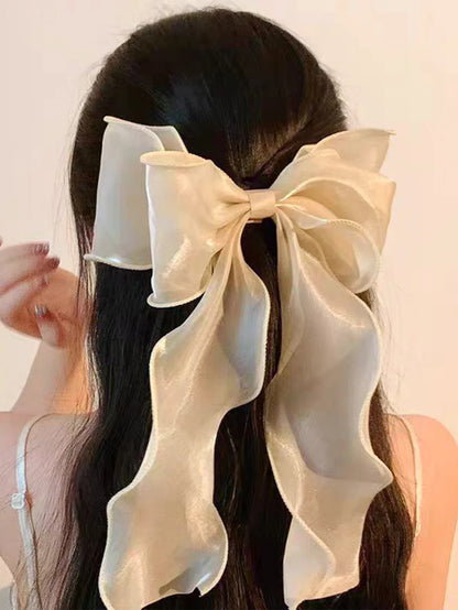 White Organza Bow Hair Clips – Fluttering Ribbon, French Fresh Premium Headdress, Large Hair Accessories for Women & Girls