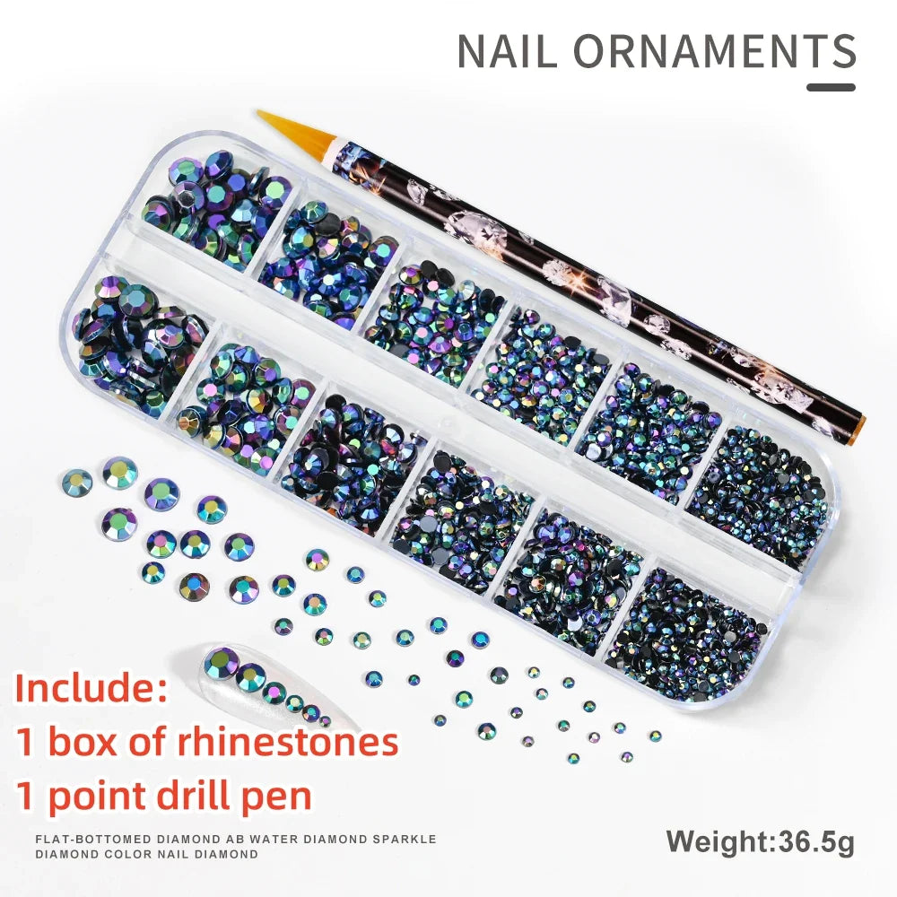 12-Grid 3D Glass AB Crystal Nail Art Rhinestones Kit – Flatback Round Beads with Tools for Nail Jewelry & Diamond Decoration