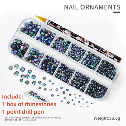 12-Grid 3D Glass AB Crystal Nail Art Rhinestones Kit – Flatback Round Beads with Tools for Nail Jewelry & Diamond Decoration