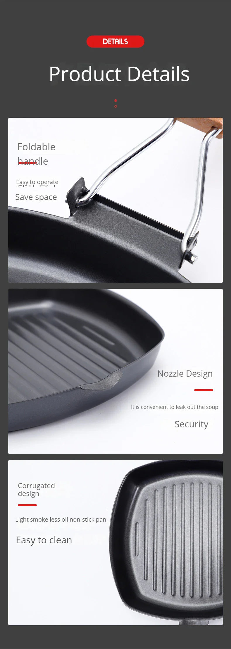 Foldable Portable Grill Pan – Double-Mouth Steak Pan with Anti-Scald Wooden Handle for Outdoor Cooking