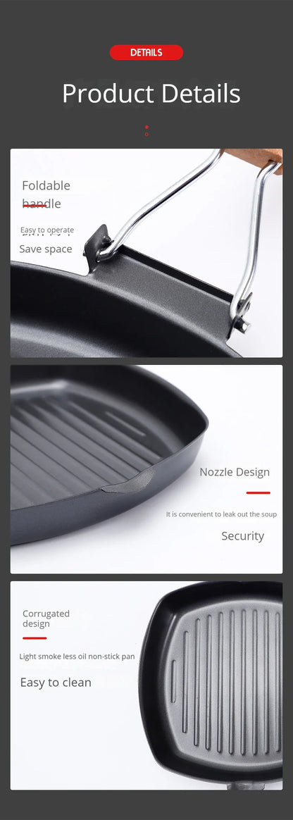Foldable Portable Grill Pan – Double-Mouth Steak Pan with Anti-Scald Wooden Handle for Outdoor Cooking
