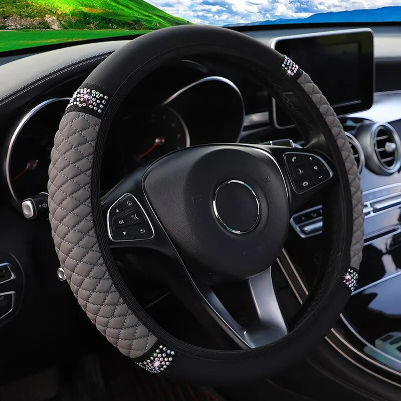 37-38cm Car Steering Wheel Cover: Three-dimensional Leather with Embroidered Color Diamond-encrusted Design - Breathable, No Inner Ring