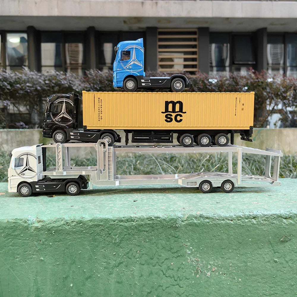 1:50 Large Diecast Alloy Truck Model – Pull-Back Sound & Light Container Transport Vehicle Toy for Boys’ Gifts