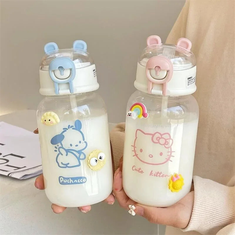 Sanrio Anime Transparent Straw Cup – Hello Kitty & Pochacco 500ML Plastic Water Cup with Handle for Students
