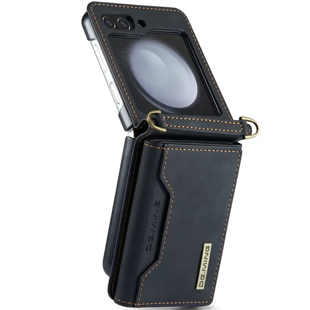 DG.Ming Retro Leather Wallet Case for Samsung Galaxy Z Flip 5/4/3: Magnetic Closure with Trifold Wallet Holder - Stylish Protection for Your Device