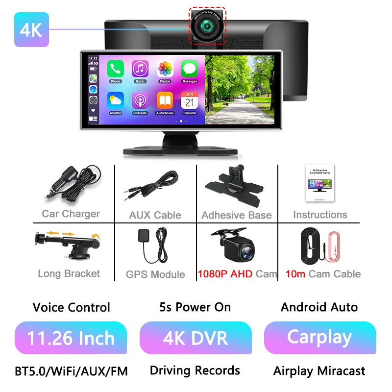 11.26" 4K Car DVR Dash Cam — Wireless CarPlay & Android Auto, Dual Lens Video Recorder with AI Screen, GPS Navigation, HD Dashboard Monitor