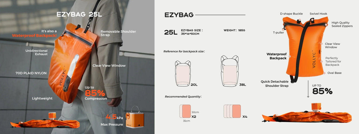 FLEXTAIL x VOLLYC EZYPACK 25L Vacuum Storage Bag — 85% Compression, Waterproof & Tear-Resistant Nylon for Travel & Camping