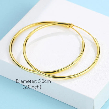 Gold-Plated Large Round Hoop Earrings — Smooth Stainless Steel Circles for Women, Multiple Sizes 12–60mm, Jewelry Gift