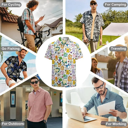Summer Men's Short Sleeve Shirt – Cute Animal Print, Open Button Lapel, Comfortable Casual Top