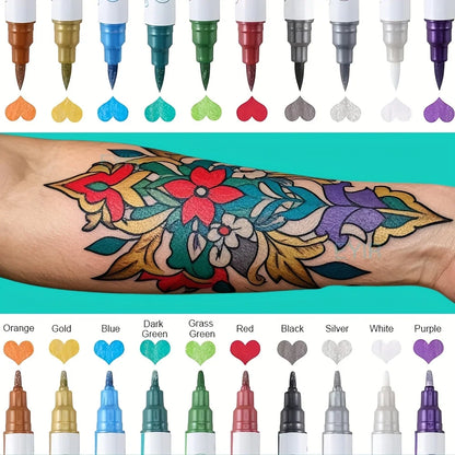 Temporary Skin Tattoo Pen – 10 Colors, Dual-Ended for Bold & Fine Lines, Long-Lasting Body & Face Art