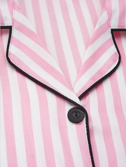 Classic Striped Satin Pajama Set – Short-Sleeve Top with Pocket & Long Pants Sleepwear with Lapel Collar