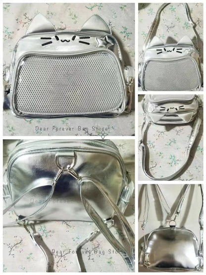 Y2K Korean Kawaii Cat Ita Bag — Cute PU Transparent Shoulder & Crossbody Bag for Girls, Harajuku Style Backpack