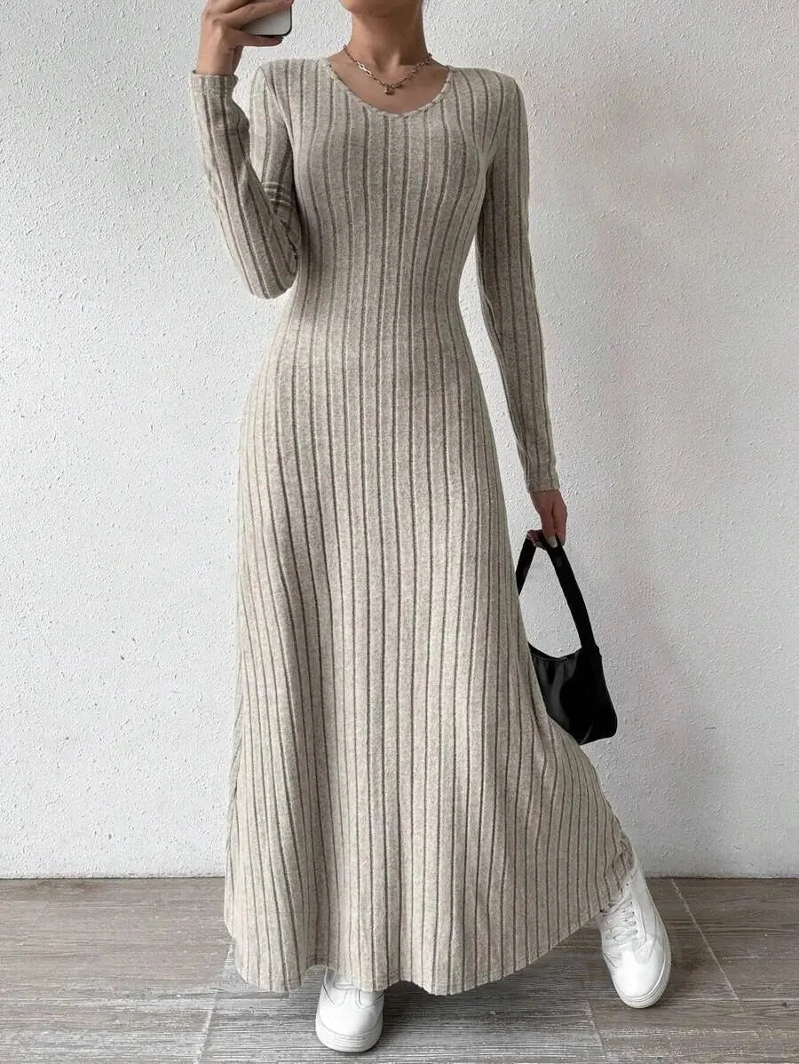 Knitted Long Sleeve A-Line Dress - Women's Slim Fit Solid Color Streetwear Maxi Dress with Elegant Silhouette
