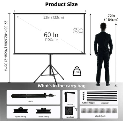 Foldable 16:9 Projector Screen with Stand – Wrinkle-Free 60–120" Portable Home Theater Indoor/Outdoor Screen