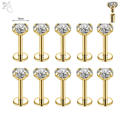 AOEDEJ 10PCS Gold Stainless Steel Labret Lip Studs – 16/18G CZ Crystal Helix, Cartilage & Tragus Piercings (2–6mm)