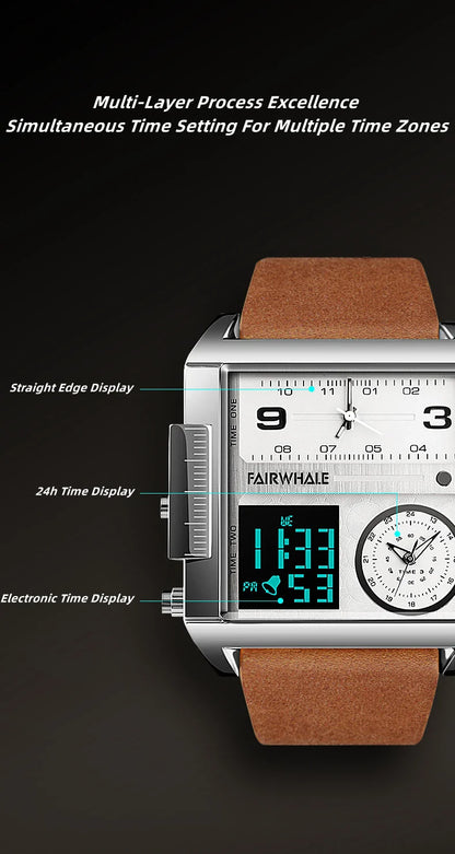 Mark Fairwhale Men’s Luxury Square Quartz Watch — Fashion Waterproof Military Leather Strap Wristwatch