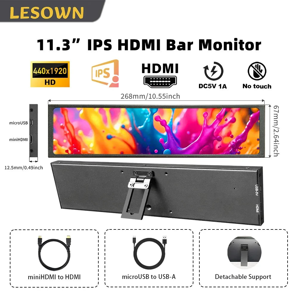 LESOWN Stretched Bar LCD Monitor - 11.3/8.8/7.9 Inch Secondary Display for PC Case, CPU, GPU & AIDA64 DIY Monitoring