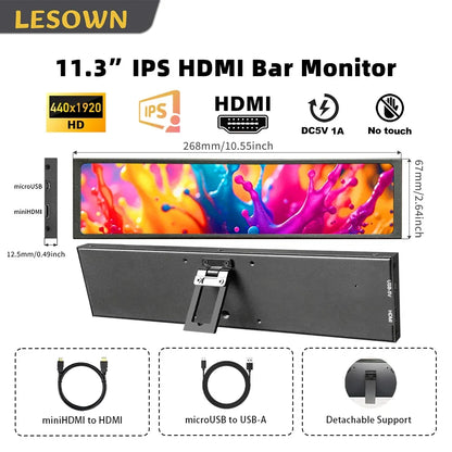 LESOWN Stretched Bar LCD Monitor - 11.3/8.8/7.9 Inch Secondary Display for PC Case, CPU, GPU & AIDA64 DIY Monitoring
