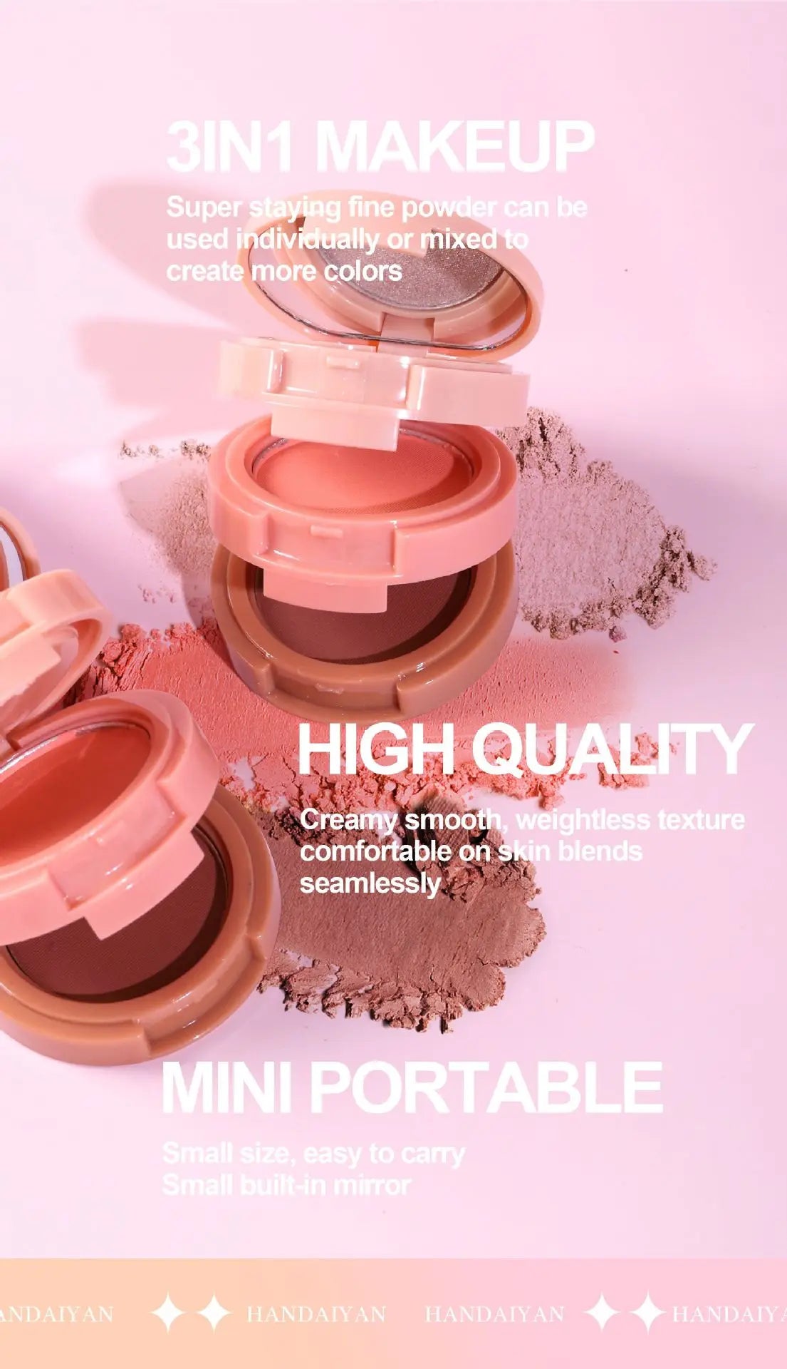 Handaiyan 3-in-1 Eyeshadow, Highlighter & Blusher Palette – Moonlight Stone Glitter Powder for Face & Nose