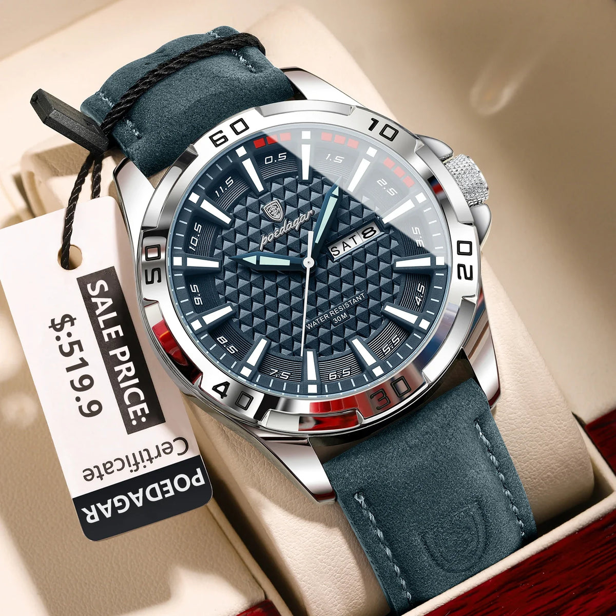 POEDAGAR Men’s Luxury Wristwatch – Waterproof Quartz Sport Watch with Luminous Hands, Date & Week Display, Leather Strap