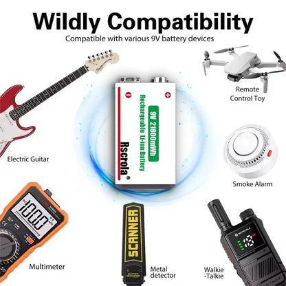 9V Lithium-Ion Rechargeable Battery 21800mWh – High-Capacity Power for Guitar, Microphone, Smoke Detector & Pedals with Cable