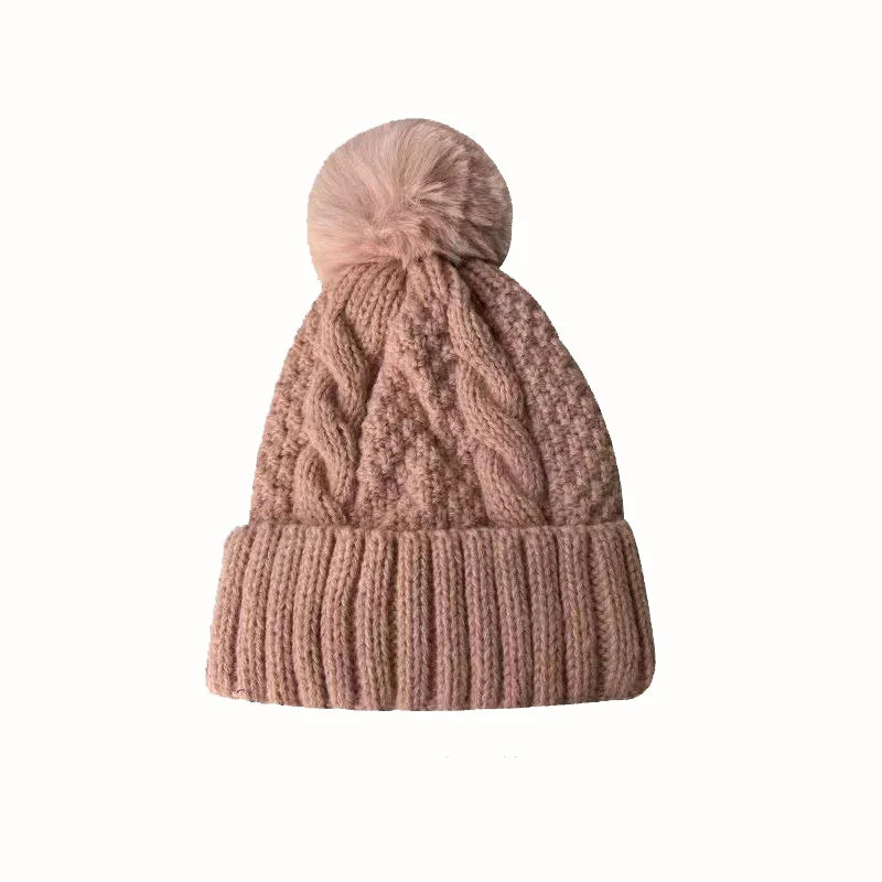 New Women’s Winter Twist Knit Hat – Thick Plush Beanie with Fur Pompom, Solid Color Ski Snow Skullies
