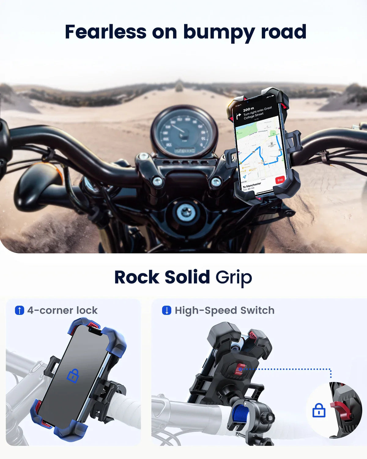 Joyroom Universal Bike Phone Holder — 360° Rotatable Shockproof Stand for 4.7-7 inch Mobile Phones, GPS Clip