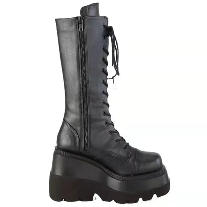 Women’s Winter Platform Boots – Black Leather Short Combat Booties, Rainproof Military, Punk Goth Lolita Footwear Clearance