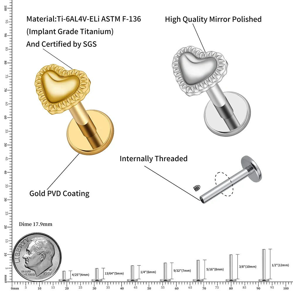 Right Grand ASTM F136 Titanium 16G Heart Labret Stud Earring – Lip, Monroe, Helix, Tragus & Conch Cartilage Piercing Body Jewelry