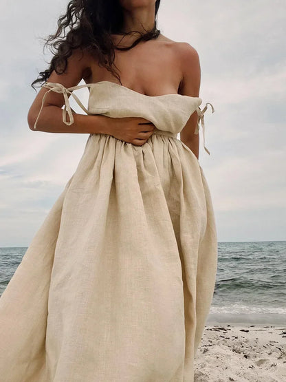 Bornladies Women’s Summer Beach A-Line Sling Dress – Vintage Loose V-Neck 100% Cotton Casual Sexy Hot Girl Style