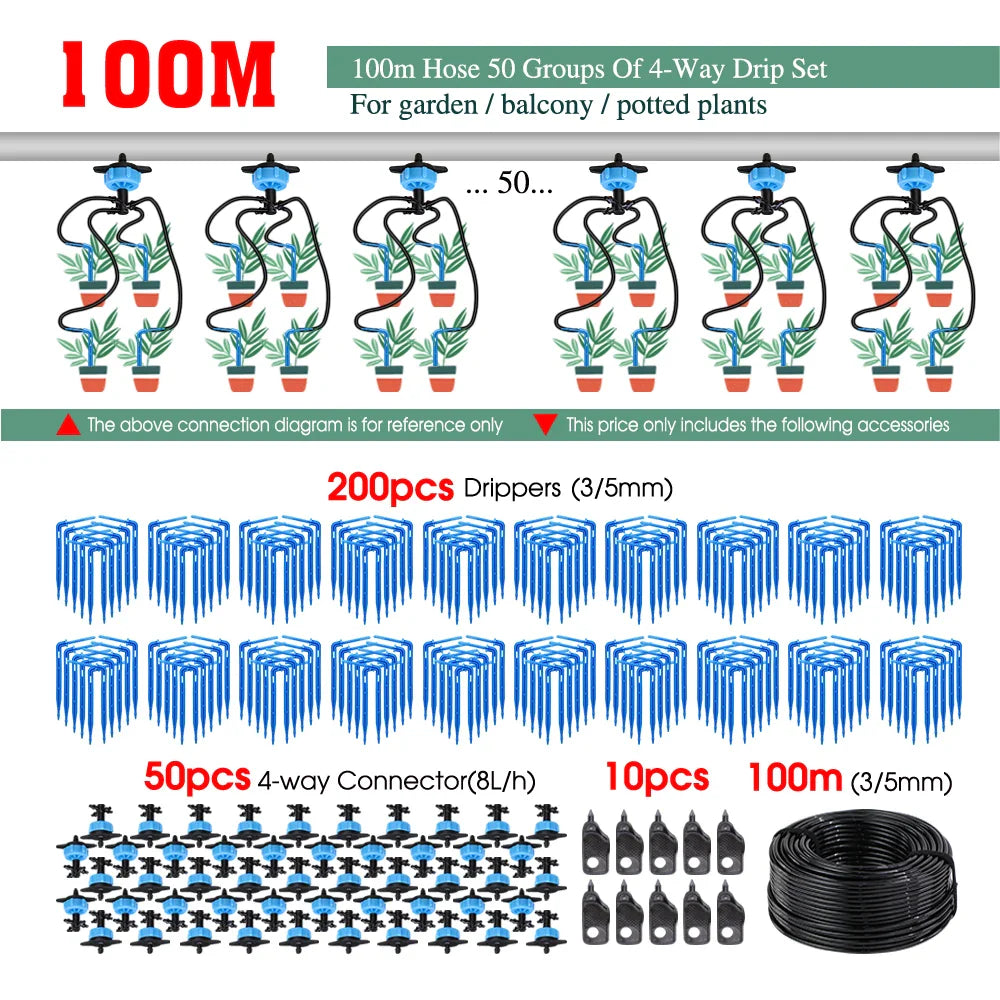 MUCIAKIE 4/2-Way Drip Irrigation System Kit – 100–10M 8L Watering Dripper Sprinkler for Potted Plants & Garden Use