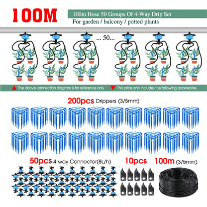 MUCIAKIE 4/2-Way Drip Irrigation System Kit – 100–10M 8L Watering Dripper Sprinkler for Potted Plants & Garden Use