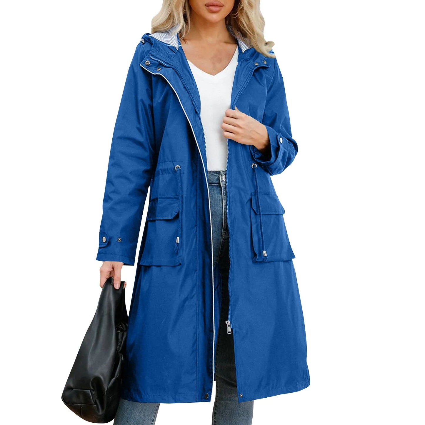 Women’s Hooded Trench Coat - Long Sleeve Solid Color Windbreaker with Elegant British Style