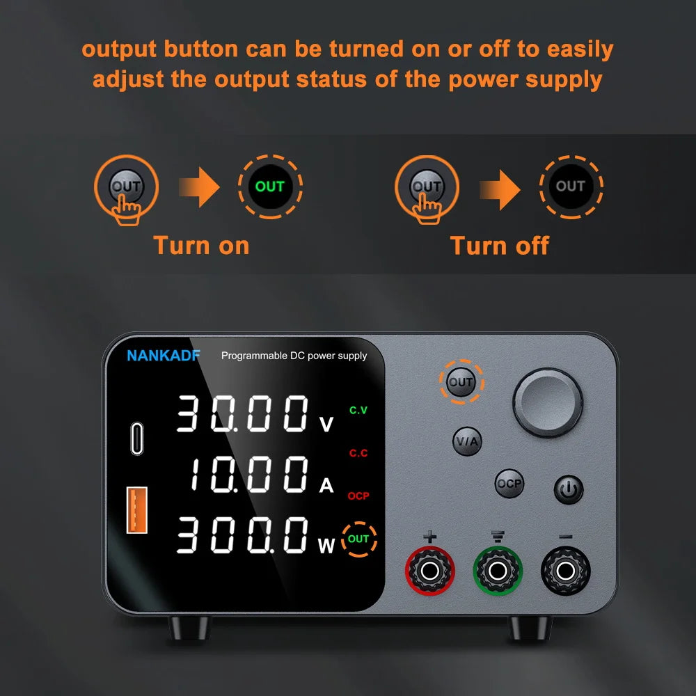 30V 10A Adjustable DC Lab Power Supply – 4-Digit LED Display, USB-A/Type-C 5V/3.6A Fast Charge with Encoder Control