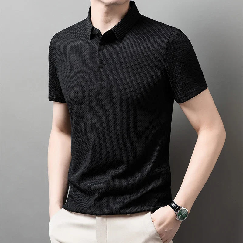 Men’s Business Casual Short Sleeve Polo — Solid Color Floral Summer Shirt, Breathable & Comfortable