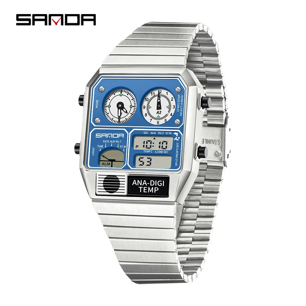SANDA 3192 Men’s LED Square Watch — Youth Casual Multi-Function Stopwatch Thermometer Chronograph