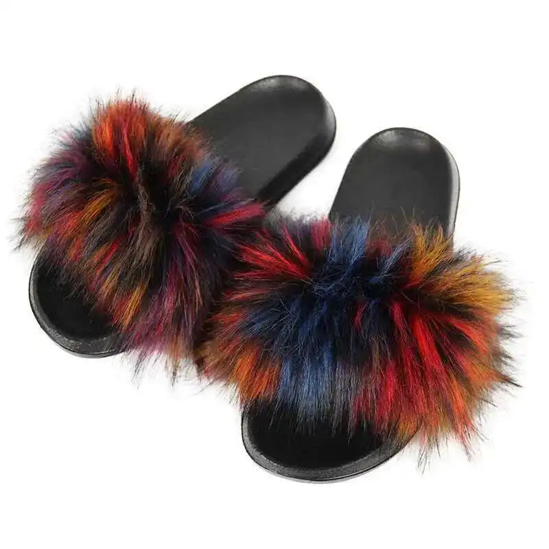 Summer Faux Fur Slippers for Women – Indoor Plush Furry Slides, Fluffy Flip Flops & Casual House Shoes