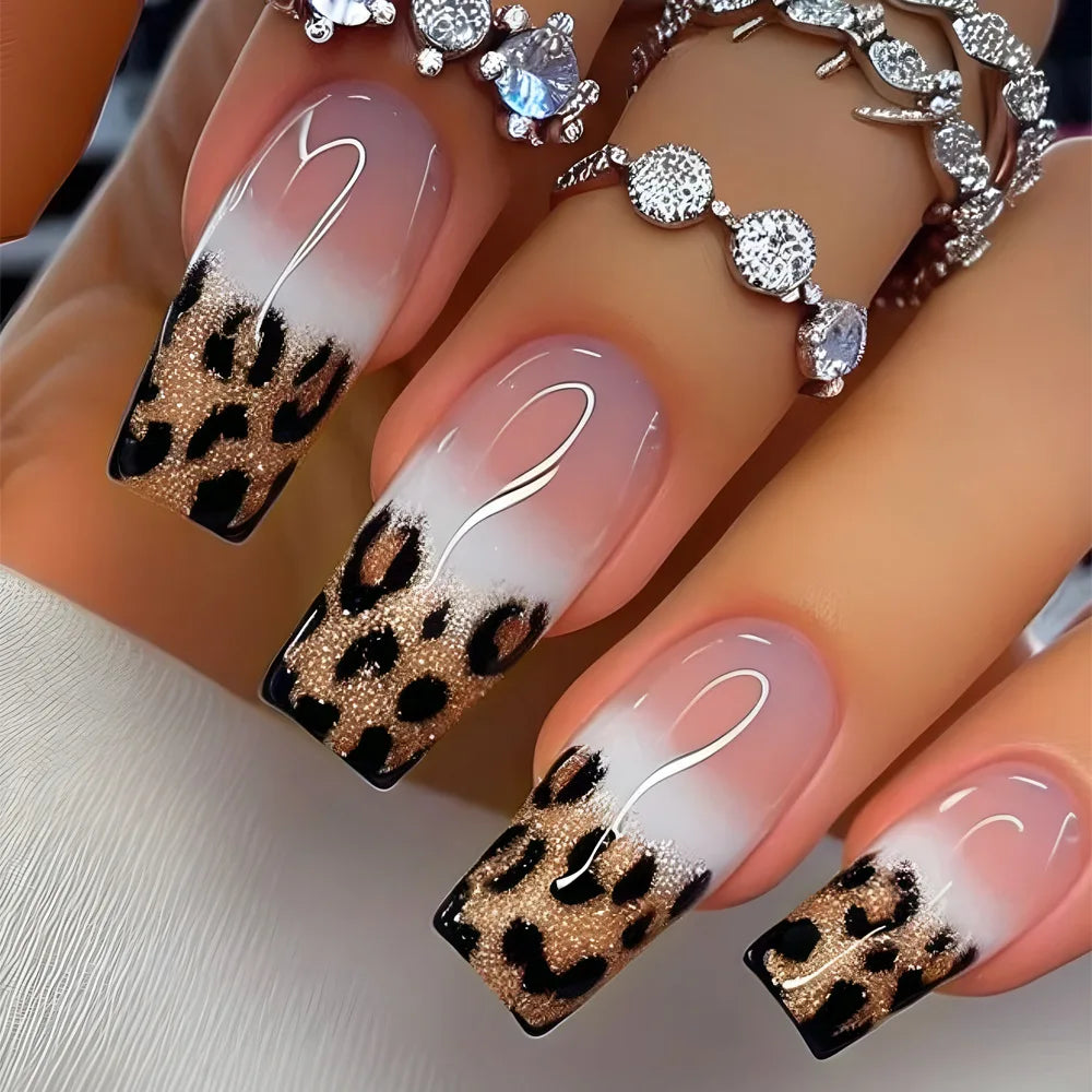 24pcs Blue Golden Stripe Press-On Nails Shiny Powder Long Square Full Cover False Nail Tips Wearable Love Design
